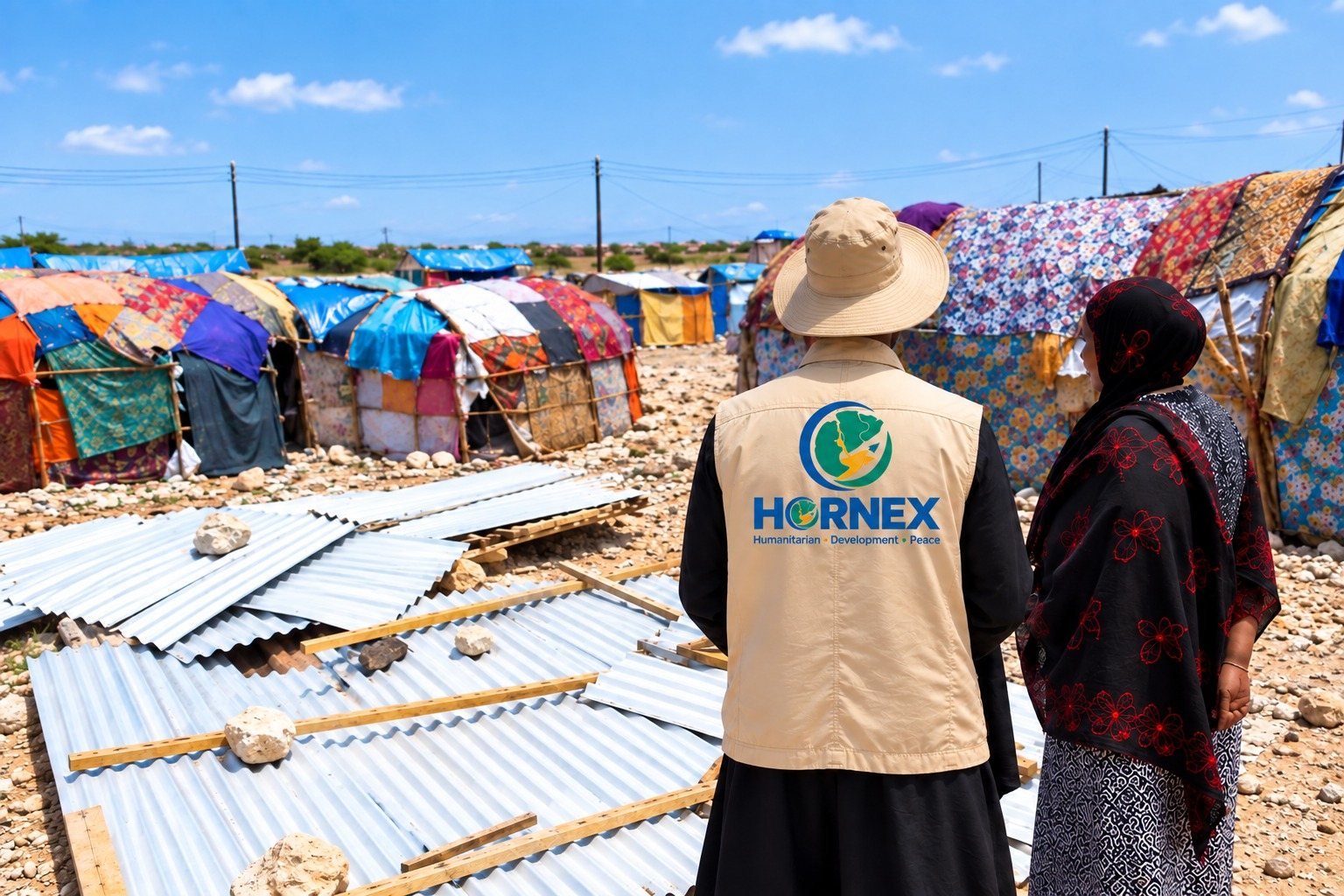 A HORNEX officer listening to a displaced woman beside her shelter